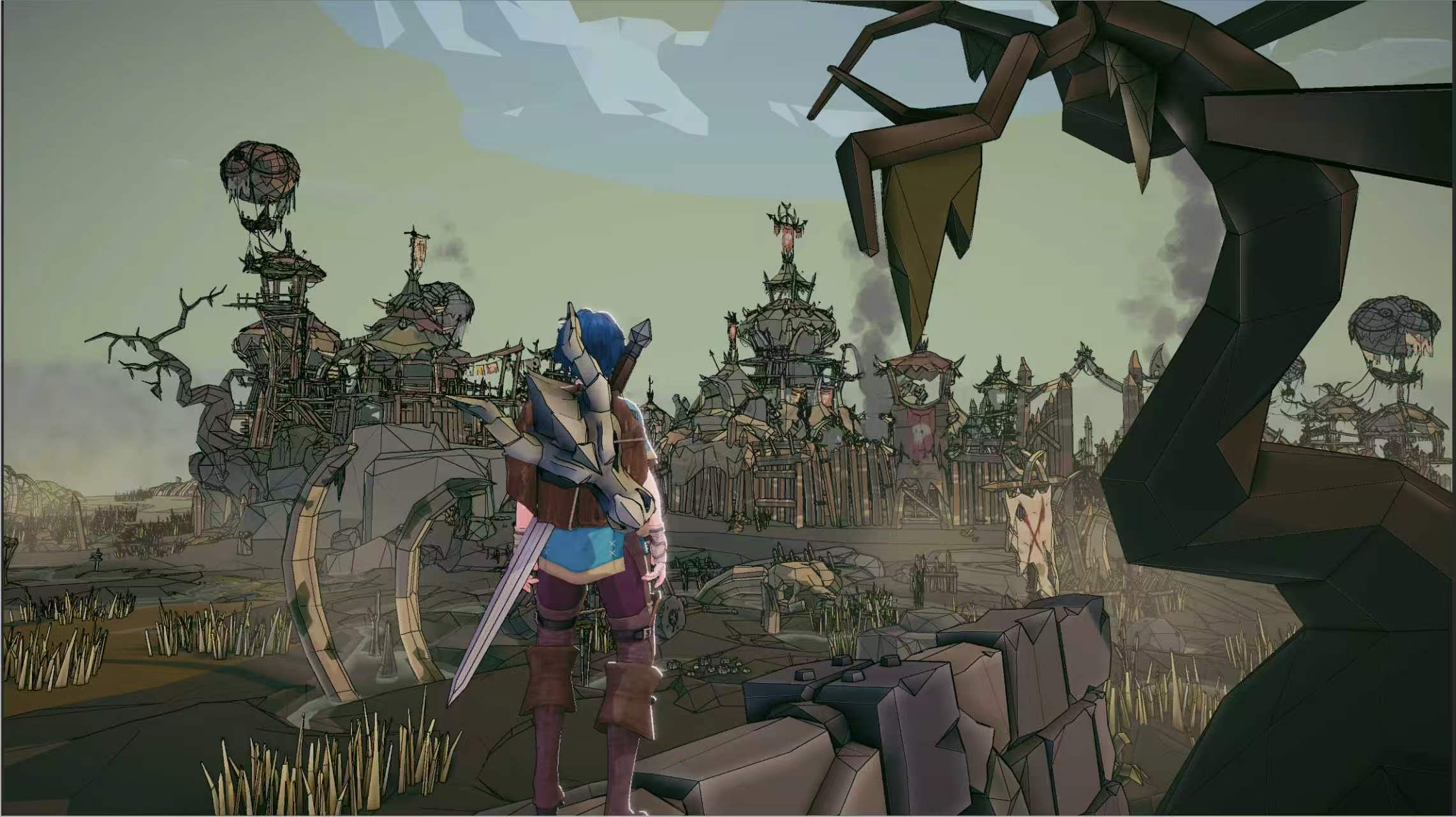 An adventurer overlooking a sprawling settlement